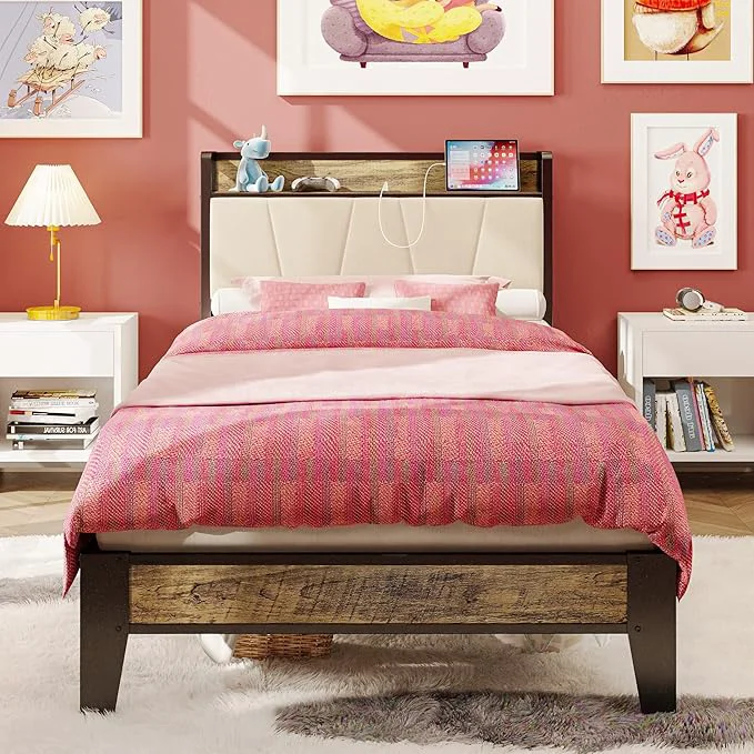 Modern LIKIMIO Twin XL Bed Frames Storage Headboard with Charging Station Solid and Stable Noise No Box Spring Needed Easy Assembly Walnut and Beige High-End