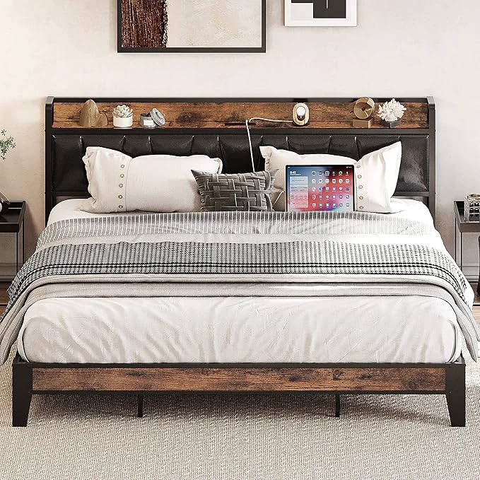 Verified LIKIMIO King Bed Frame Storage Headboard with Charging Station Solid and Stable Noise No Box Spring Needed Easy Assembly Vintage and Black First-Class