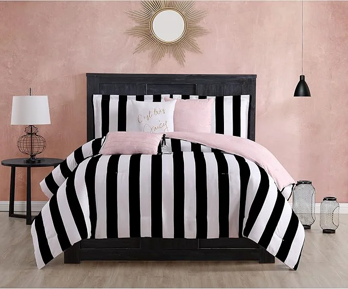Practical Juicy Couture – Comforter Set Cabana Stripe Design Twin Bedding 5 Piece Set Includes 1 Comforter 1 Sham and 3 Decorative Pillows Microfiber Polyester Wrinkle Resistant Clean