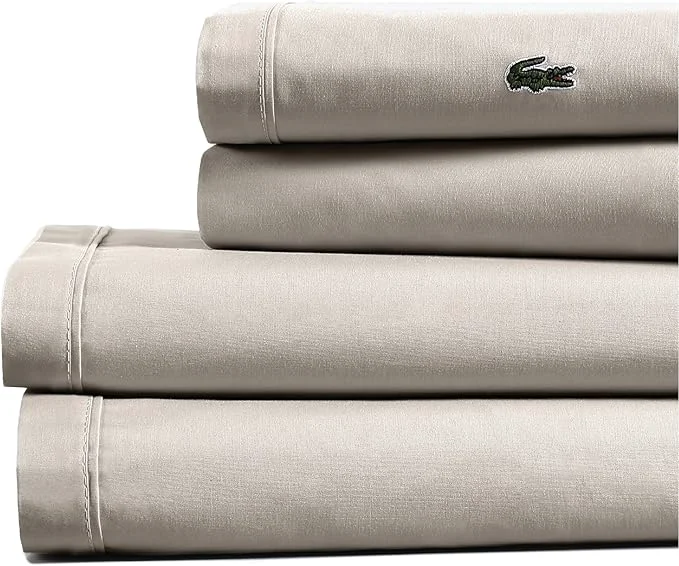 Official Lacoste Cotton Percale 4-Piece Sheet Set – Cool Crisp Matte and Durable Oeko-Tex – Solid Pumice Stone Queen Genuine