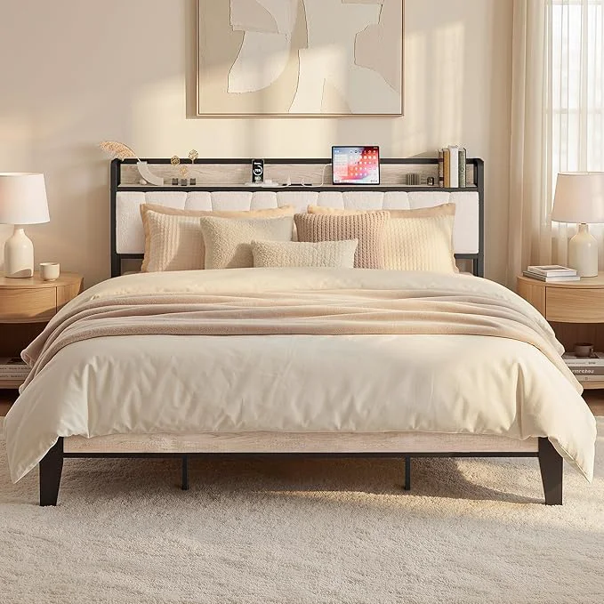Safe LIKIMIO King Size Bed Frames Bouclé Storage Headboard with Charging Station Solid and Stable Noise No Box Spring Needed Easy Assembly Recyclable