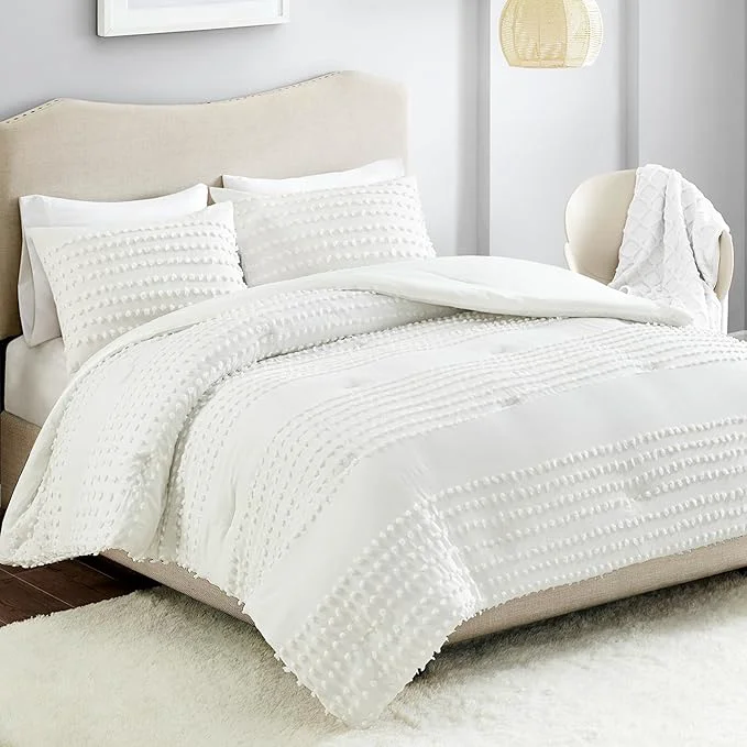 Organic Comfort Spaces Cotton Comforter Set Jacquard Pom-Pom Tufts Design Down All Season Modern Bedding Matching Shams Full Queen Phillips Ivory Dependable