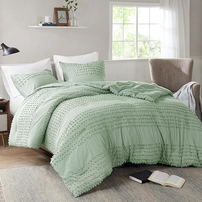 Safe Comfort Spaces Twin Comforter Set Jacquard Pom-Pom Tufts Boho Comforter for Twin Size Bed MIcrofiber Reverse All Season amp Lofty Twin Bedding Set amp Sham Phillips Twin Twin XL Sage Green 2 Piece Natural