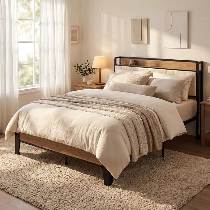 Fast LIKIMIO Full XL Bed Frames Storage Headboard with Charging Station Solid and Stable Noise No Box Spring Needed Easy Assembly Wood and Cream Elite