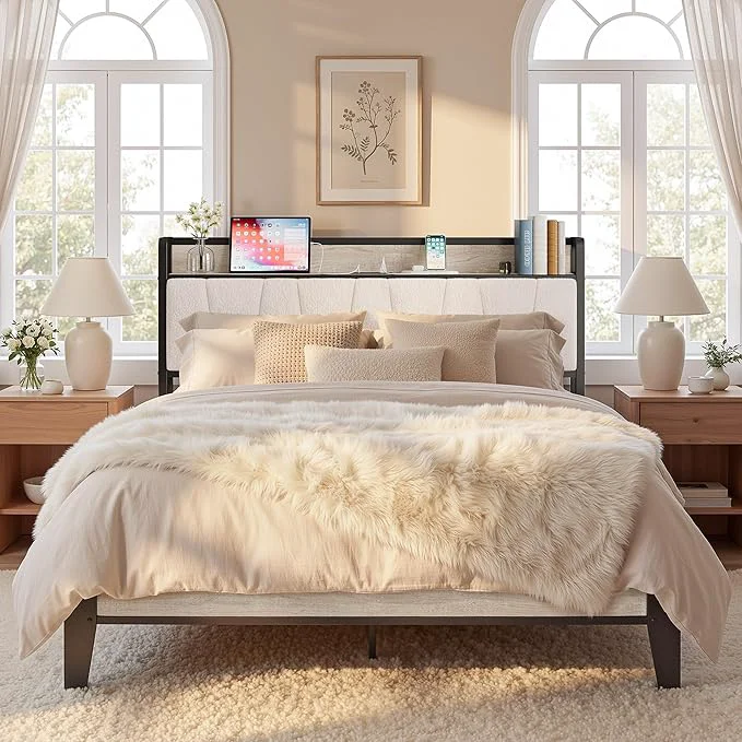 Quality LIKIMIO Queen Bed Frames Bouclé Storage Headboard with Charging Station Solid and Stable Noise No Box Spring Needed Easy Assembly Convenient