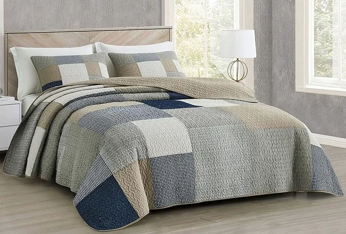 Prestigious Chezmoi Collection Addy 3-Piece Navy Blue White Gray Taupe Plaid Patchwork Quilt Set – Pre-Washed Cotton Quiltd Lightweight Reversible Bedspread for All Seasons Oversized King Size Casual