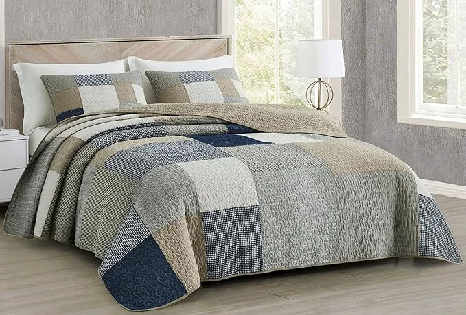 Specialty Chezmoi Collection Addy 3-Piece Navy Blue White Gray Taupe Plaid Patchwork Quilt Set – Pre-Washed Cotton Coverlet – Lightweight Reversible Bedspread King Size Elite