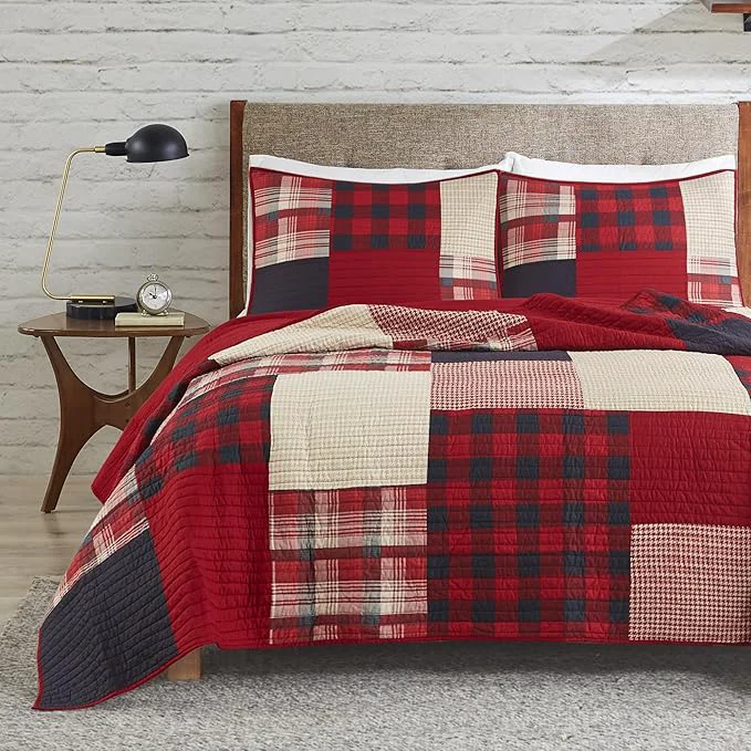 Fast Woolrich Sunset Reversible Quilt Set – Cottage Styling Reversed to Solid Color All Season Lightweight Coverlet Cozy Bedding Layer Matching Shams Oversized Full Queen Plaid Red 3 Piece Next-Generation