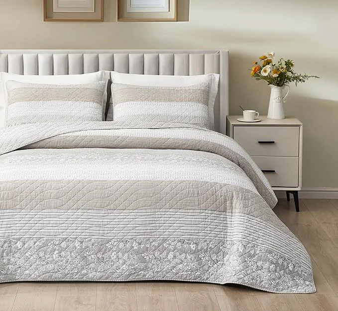 Practical Chezmoi Collection Robyn 3-Piece Neutral Taupe Gray White Floral Hibiscus Flower Patchwork Striped Quilt Set – Pre-Washed Cotton Coverlet – Lightweight Reversible Bedspread King Size Powerful