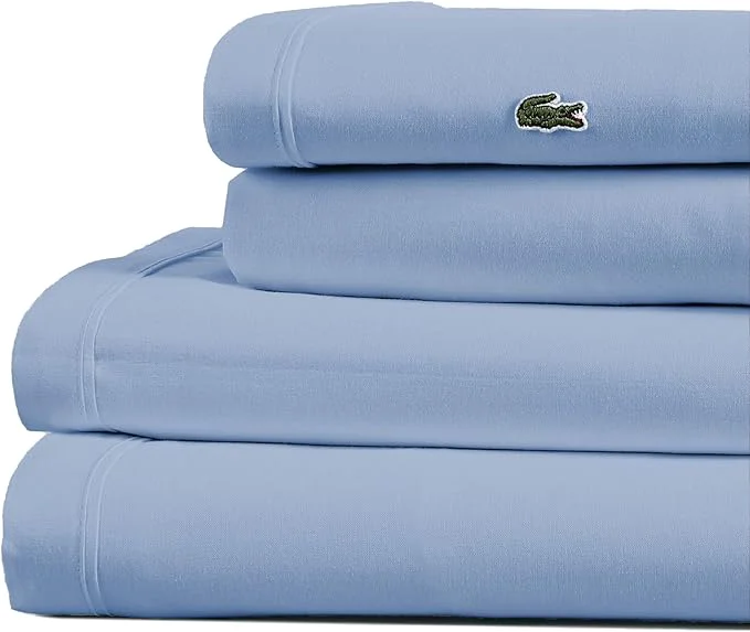High-Grade Lacoste Cotton Percale 4-Piece Sheet Set – Cool Crisp Matte and Durable Oeko-Tex – Solid Allure Blue Standard King Consistent