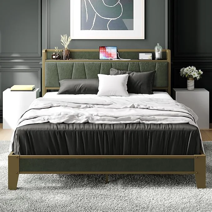 Superior LIKIMIO Queen Bed Frame Storage Headboard with Charging Station Solid and Stable Noise No Box Spring Needed Easy Assembly Dark Green Organic