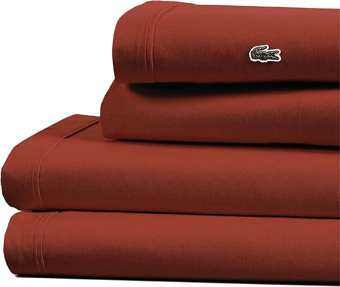 Specialty Lacoste Cotton Percale 4-Piece Sheet Set – Cool Crisp Matte and Durable Oeko-Tex – Solid Chili Pepper Full Refined