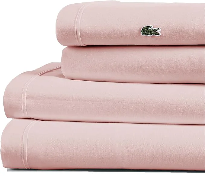 Official Lacoste Cotton Percale 4-Piece Sheet Set – Cool Crisp Matte and Durable Oeko-Tex – Solid Iced Pink Standard King Refined
