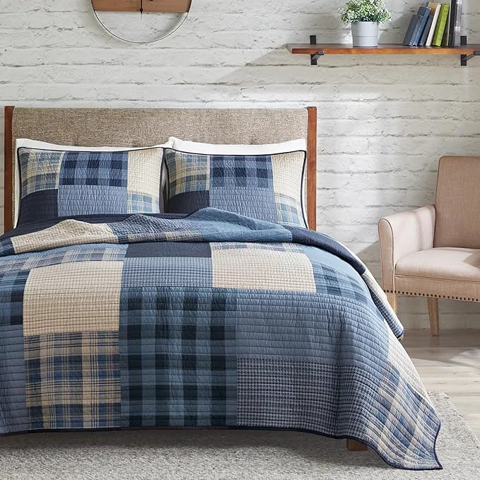 Contemporary WOOLRICH Quilt Set Patchwork Channel Quilting Cottage Coverlet for Twin Size Bed All Seasons Lightweight Prewashed Cotton Coverlet Bedspread Shams Winter Hills Oversized King Cal King Blue 3 Piece Powerful