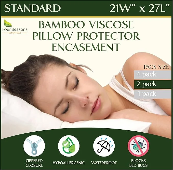 High-End Four Seasons Essentials Standard Size Waterproof Pillow Protectors Set of 2 – Natural Viscose derived from Bamboo Pillow Covers – Zippered Encasements for 20 quot x 26 quot Pillows