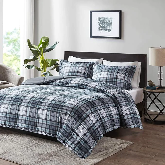 Innovative Madison Park Essentials Parkston Plaid Comforter Matching Sham 3M Scotchguard Stain Release Cover Hypoallergenic All Season Bedding-Set King California King Grey 3 Piece High-Performance