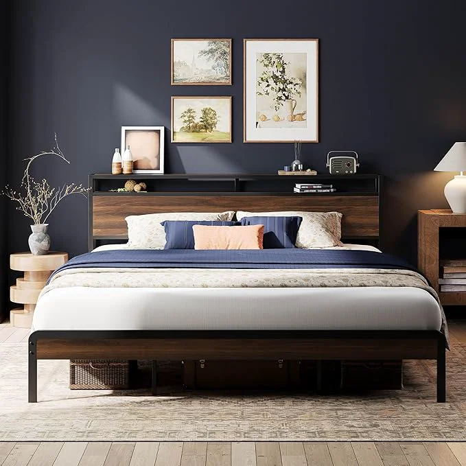 Sophisticated LIKIMIO California King Bed Frame with Headboard Dark Wood Camas California King with Strong Supports Sturdy Noise- No Box Spring Needed Dark Walnut Lightweight