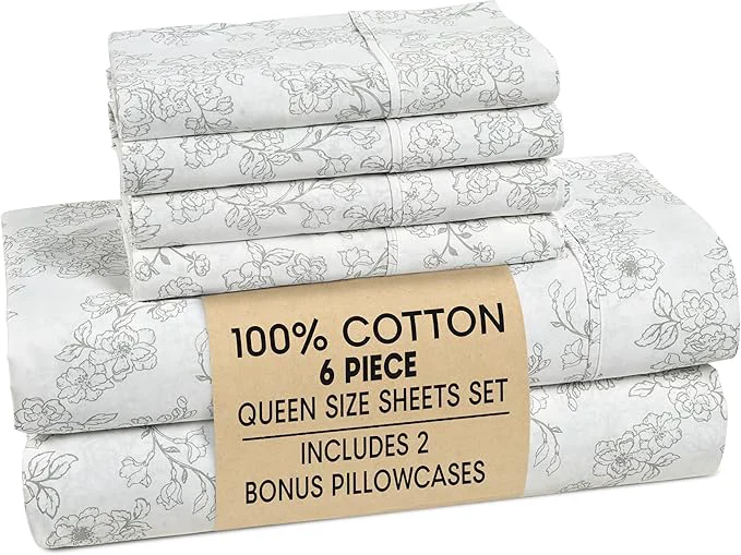 Crafted Casa Platino Cotton Queen Sheet Set – 6 Piece Queen Sheet Set Queen with Crisp Cool amp Soft Feel with 15 Inch Deep Pocket Fitted Sheet Breathable amp Cozy for a Good Nights Sleep – Ashpetal Consistent