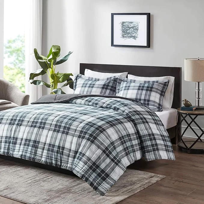 Excellent Madison Park Essentials Parkston Plaid Comforter Matching Sham 3M Scotchguard Stain Release Cover Hypoallergenic All Season Bedding-Set Twin TwinXL Black 2 Piece High-End