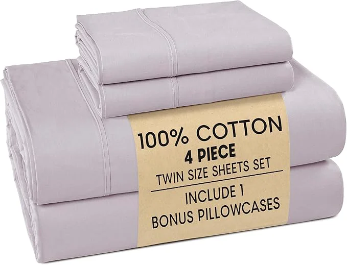 Classic Casa Platino Cotton Twin Size Sheets – Crisp Percale Sheets Twin with 2 Pillowcases with 15 quot Deep Pocket Sheet for Secure Fit Ultra Soft amp Cozy Excellent Quality amp Fit – Grey Lavender Genuine