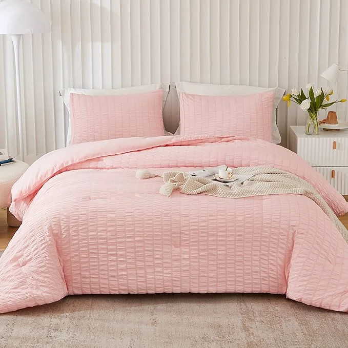 Smart AveLom Blush Pink Seersucker California King Comforter Set 104×96 inches 3 Pieces- Soft Washed Microfiber Lightweight Comforter with 2 Pillowcases All Season Down Bedding Set Traditional