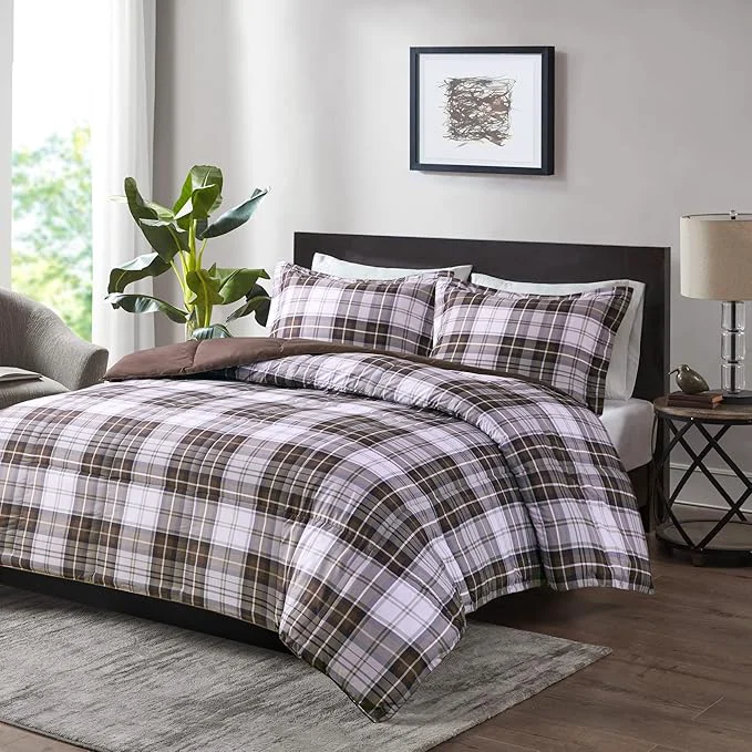 Soft Madison Park Essentials Parkston Plaid Comforter Matching Sham 3M Scotchguard Stain Release Cover Hypoallergenic All Season Bedding-Set King California King Brown 3 Piece Green