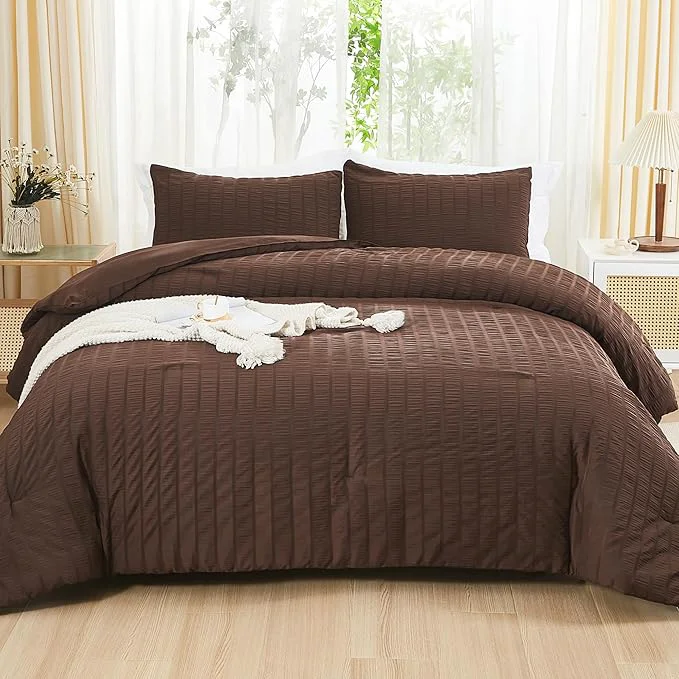 Contemporary AveLom Brown Seersucker Twin Comforter Set 68×90 inches 2 Pieces- Soft Washed Microfiber Lightweight Comforter with 2 Pillowcases All Season Down Comforter Set for Bedding Outstanding