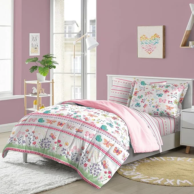 Comfortable Dream Factory Kids 7-Piece Complete Bed Set Easy-Wash Super Soft Microfiber Comforter Bedding Full Pink Butterfly Garden Smooth