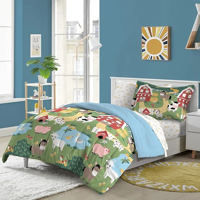 Natural Dream Factory Kids 7-Piece Complete Bed Set Easy-Wash Super Soft Microfiber Comforter Bedding Full Multi Barnyard Animals World-Class