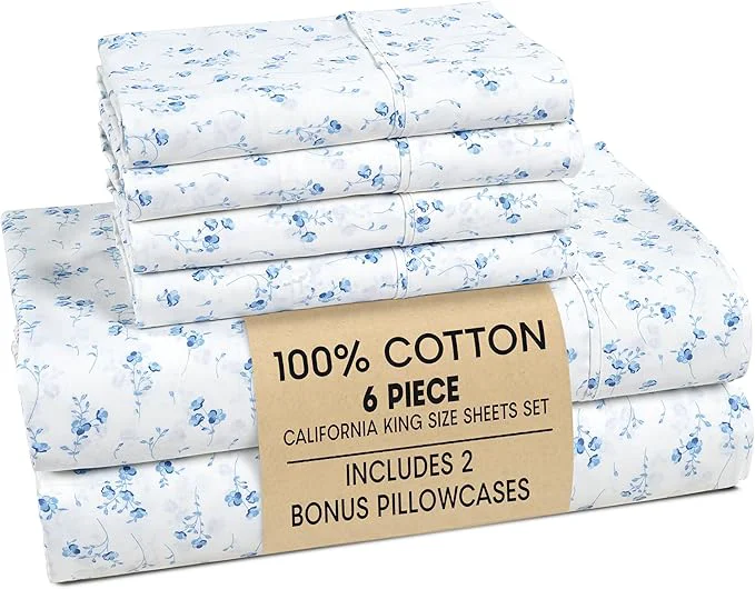 Verified Casa Platino Cotton Sheets California King Size Set – 6 Pieces 1 Flat 1 Fitted 4 Pillowcases – Soft Breathable amp Cooling Percale Bed Sheets with Deep Pocket – Cal King Sheet Set – Floralis Luxury