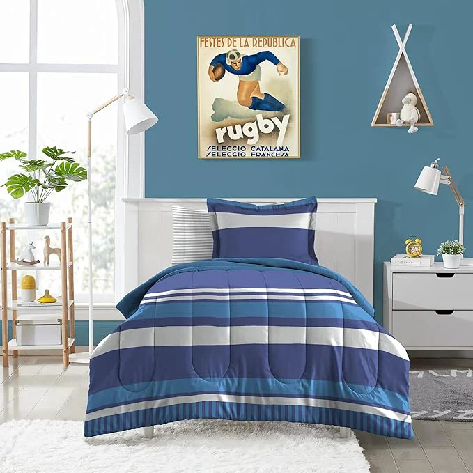 Organic Dream Factory Kids 7-Piece Complete Bed Set Easy-Wash Super Soft Microfiber Comforter Bedding Full Blue Rugby Stripe 2D872702BL Genuine