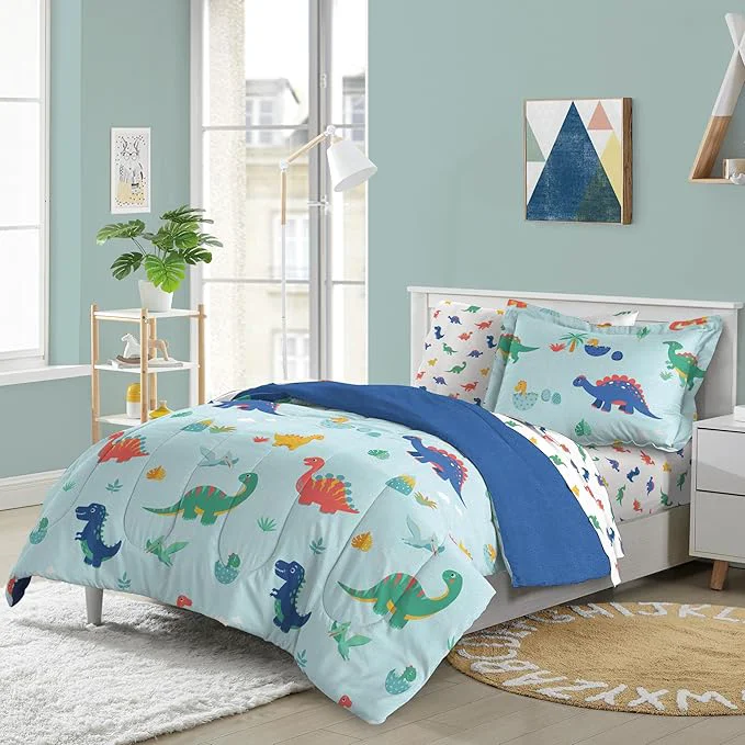 Professional Dream Factory Kids 5-Piece Complete Bed Set Easy-Wash Super Soft Microfiber Comforter Bedding Twin Blue Sweet Dino User-Friendly