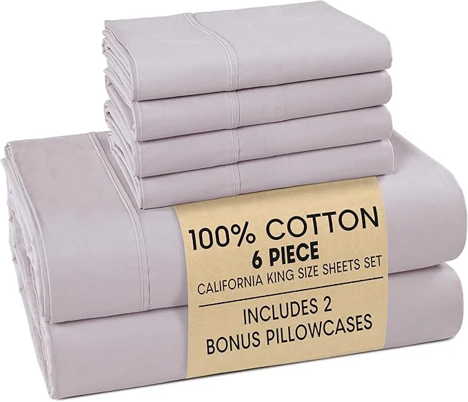 Fast Casa Platino Cotton Cal King Size Sheets – Crisp Percale Sheets Cal King with 4 Pillowcases with 15 quot Deep Pocket Sheet for Secure Fit Ultra Soft amp Cozy Excellent Quality amp Fit – Grey Lavender Modern
