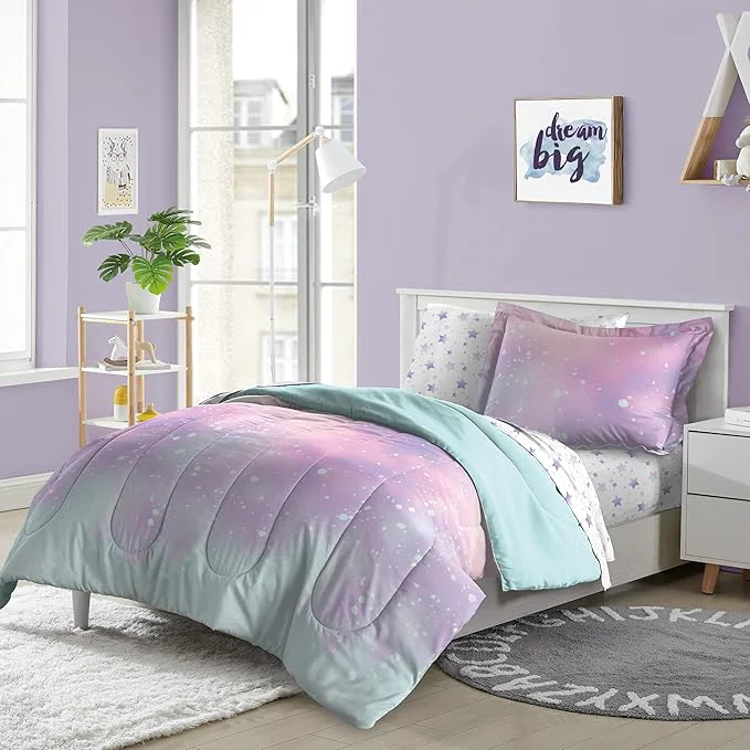 Comfortable Dream Factory Kids 5-Piece Complete Bed Set Easy-Wash Super Soft Microfiber Comforter Bedding Twin Pink Twilight Galaxy Stars Outstanding