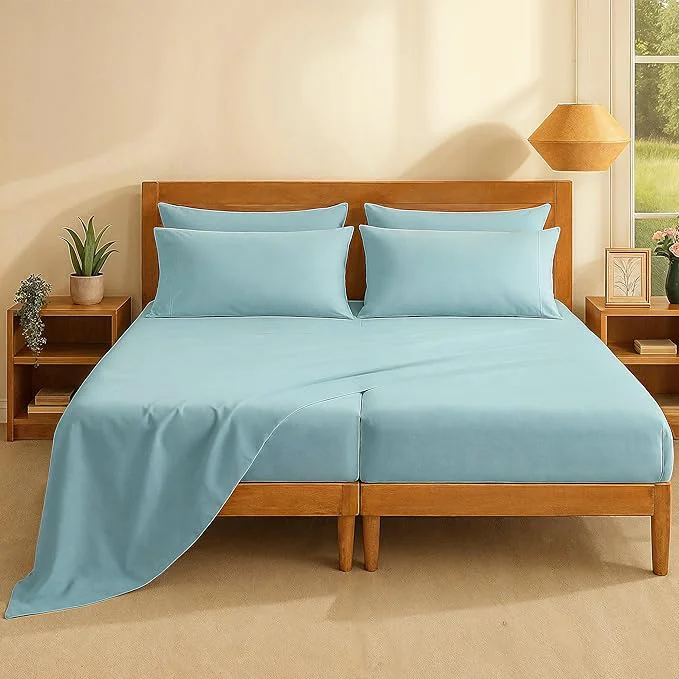 Quality Casa Platino Split King Sheets Sets – Cotton Split King Sheets Cooling with 4 Pillowcases 15 quot Deep Pocket Fitted Sheet Crisp amp Smooth Feel Ultra Soft amp Cozy Fit – Blue Sky Casual