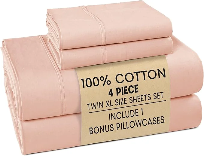Solid Casa Platino Cotton Twin XL Size Sheets Set – 4 Piece Crisp Percale Twin XL Size Cooling Sheets Lightweight for Summer with 15 quot Deep Pocket Fitted Sheet Comfortable amp Airy Sleep – Veiled Rose Minimalist