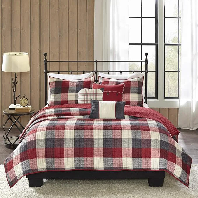Efficient Madison Park Reversible Quilt Cabin Lifestyle Plaid Design – All Season Breathable Coverlet Bedspread Bedding Set Matching Shams Ridge Red King Cal King 104 quot x92 quot 6 Piece Verified