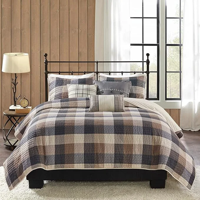 Secure Madison Park Reversible Quilt Cabin Lifestyle Plaid Design – All Season Breathable Coverlet Bedspread Bedding Set Matching Shams King Cal King 104 quot x92 quot Neutral 6 Piece Functional