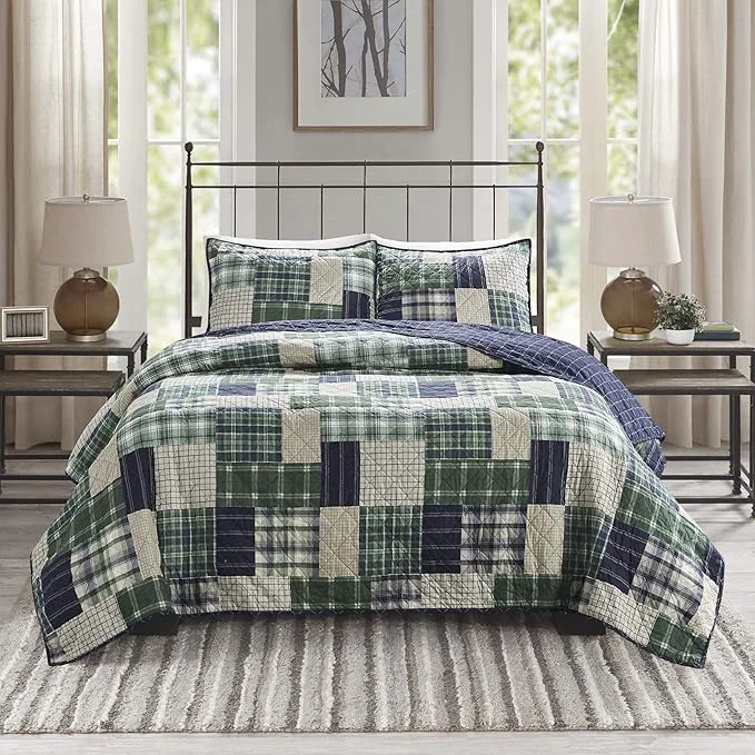 Easy-to-Use Madison Park Reversible Quilt Cabin Lifestyle Plaid Design – All Season Breathable Coverlet Bedspread Bedding Set Matching Shams King Cal King 104 quot x94 quot Green Navy 3 Piece Trendy