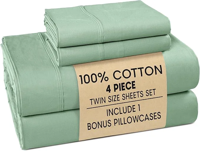 Official Casa Platino Twin Bed Sheets – Cotton Sheets with 2 Pillowcases Crisp Percale Weave amp Cozy Feel Cooling amp Breathable Twin Sheet Set with 15 quot Deep Pocket Excellent Quality amp Fit – Sage Green Traditional