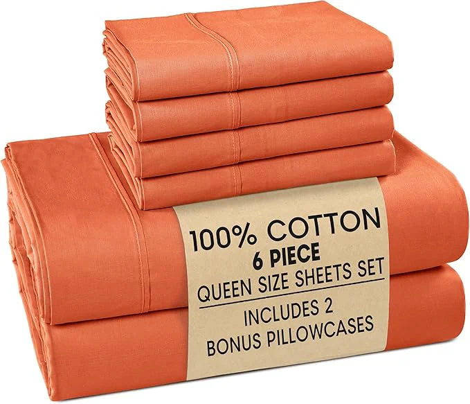 Recyclable Casa Platino Cotton Sheets Queen – Breathable Crisp Percale Queen Mattress Sheets with 4 Pillowcases 15 quot Deep Pocket Fitted Sheet Ultra Soft amp Cozy Feel for Great Nights Sleep – Rust Natural