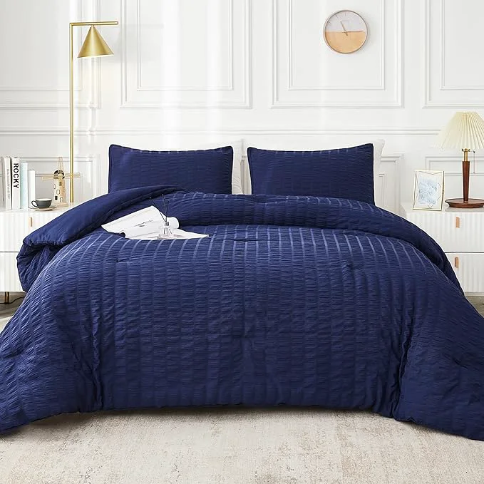 AveLom Seersucker King Comforter Set 104×90 inches 3 Pieces – Soft Washed Microfiber Lightweight Comforter with 2 Pillowcases All Season Down Comforter Set for Bedding Navy Trendy