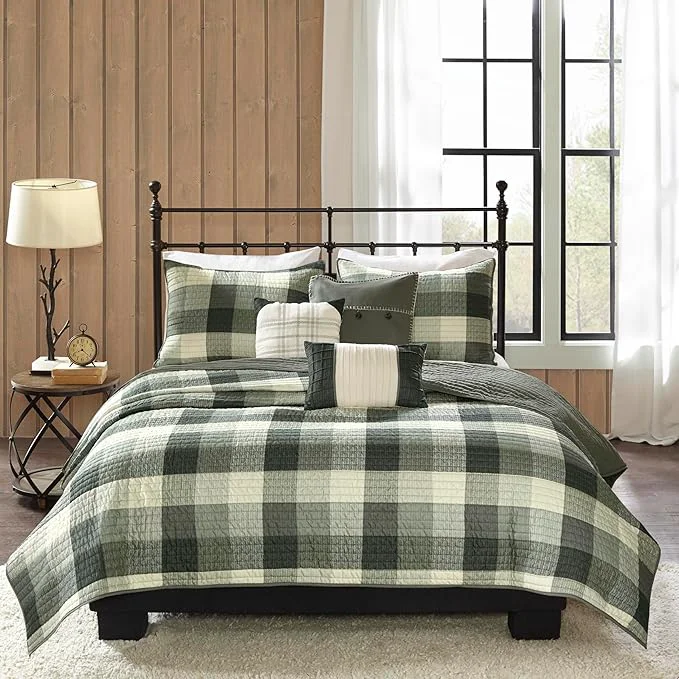 Luxury Madison Park Reversible Quilt Cabin Lifestyle Plaid Design – All Season Breathable Coverlet Bedspread Bedding Set Matching Shams Ridge Grey Full Queen 90 quot x90 quot 6 Piece Artisan