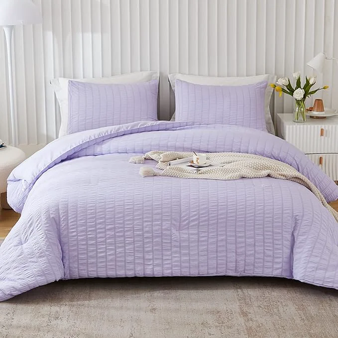 Clean AveLom Lavender Purple Seersucker Full Comforter Set 80×90 inches 3 Pieces- Soft Washed Microfiber Lightweight Comforter with 2 Pillowcases All Season Down Comforter Set for Bedding Pure