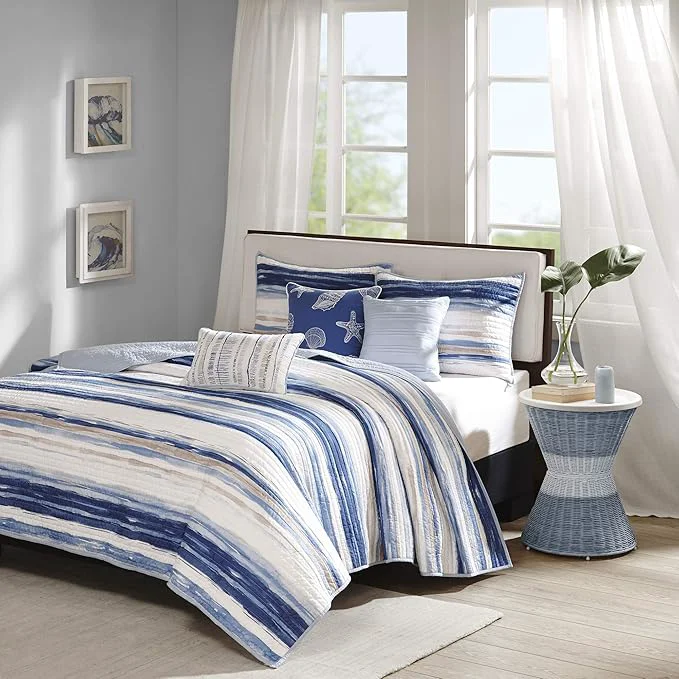 Exclusive Madison Park Quilt Set Cottage Coastal Design 6 Piece Set – All Season Coverlet Bedspread Lightweight Bedding Layer Shams Toss Pillows Full Queen 90 quot x90 quot Blue White Selected