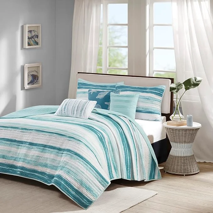 Flexible Madison Park Quilt Set Cottage Coastal Design 6 Piece Set – All Season Coverlet Bedspread Lightweight Bedding Layer Shams Toss Pillows King Cal King 104 in x 94 in Aqua White Clean