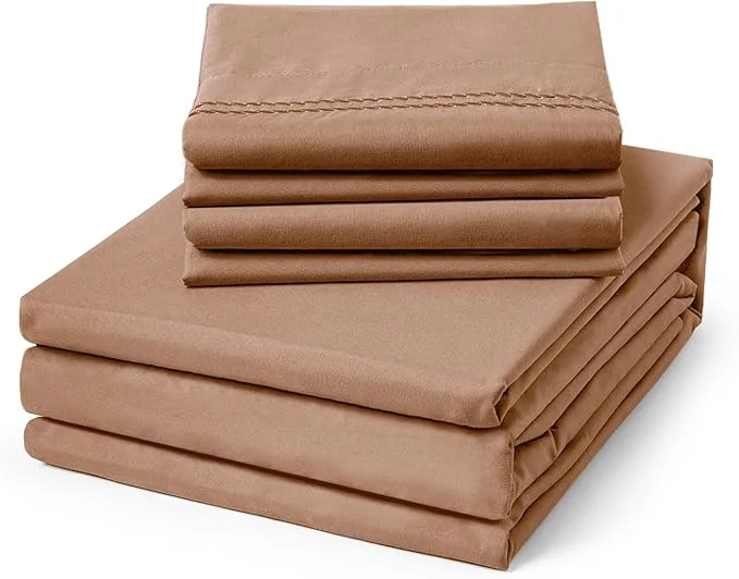 High-Quality ClevaHome King Size Sheet Set – 6 Piece Soft Breathable Luxury Bed Sheet Set – Shrinkage amp Fade Resistant Embroidered Bedding Sheet with 14-inch Deep Pocket 2 Extra Pillowcases King Sandy Brown Excellent