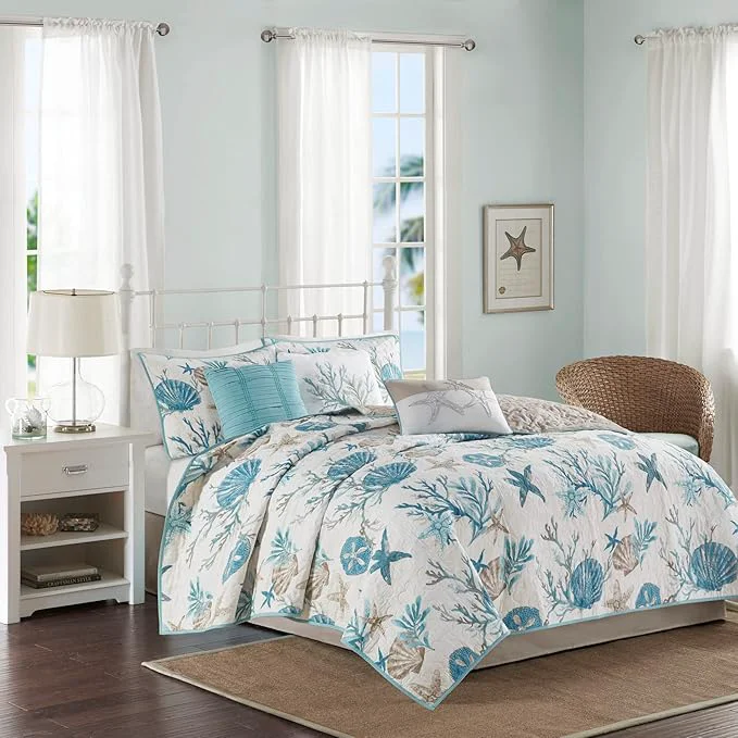 Specialty Madison Park Quilt Set Cottage Coastal Design Starfish Print – All Season Coverlet Bedspread Lightweight Bedding Layer Shams Toss Pillows King Cal King 104 quot x94 quot Pebble Beach Aqua 6 Piece Pure