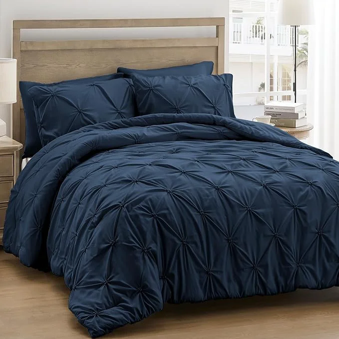Selected UNIKOME King Size Comforter Set Navy Royal Blue – Ultra Soft Pintuck Down Bedding Set for All Seasons 3 Pieces Lightweight Warm Pinch Pleat Bed Set with Comforter 2 Pillowcases Comfortable