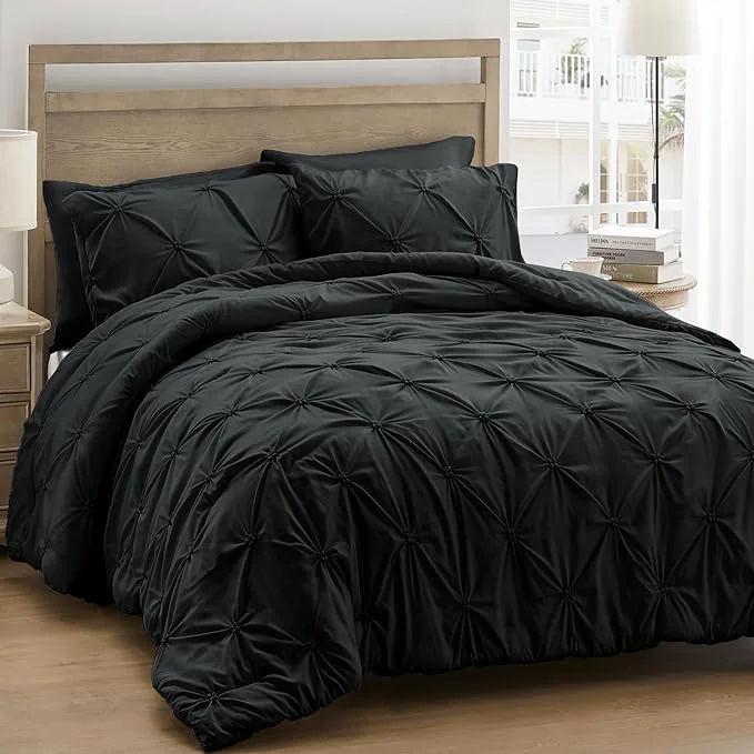 High-Grade UNIKOME King Size Comforter Set Black – Ultra Soft Boho Pintuck Down Bedding Set for All Seasons 3 Pieces Lightweight Warm Pinch Pleat Bed Set with Comforter 2 Pillowcases Solid